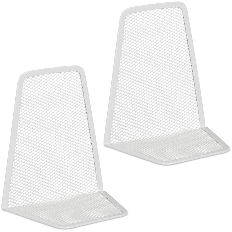 Buchstütze, 2er-Set, modernes Mesh-Design, Bücher und Ordner, Buchhalter HxBxT: 14 x 12 x 9 cm, Metall, weiß - Relaxdays