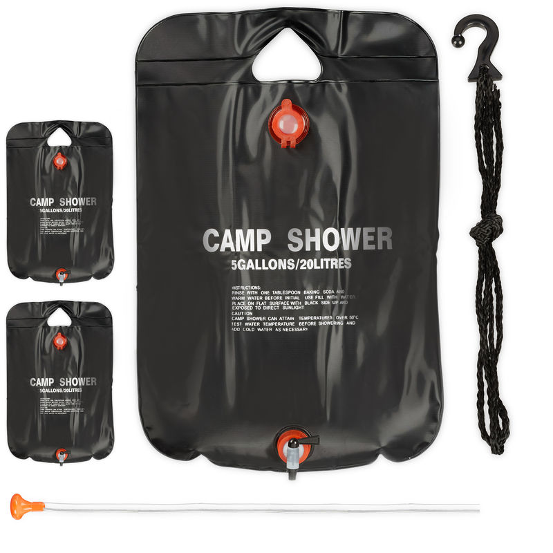 3 x Campingdusche 20 l im Set, Solardusche Camping, zum Aufhängen, faltbar, mit Handbrause, mobile Außendusche, schwarz