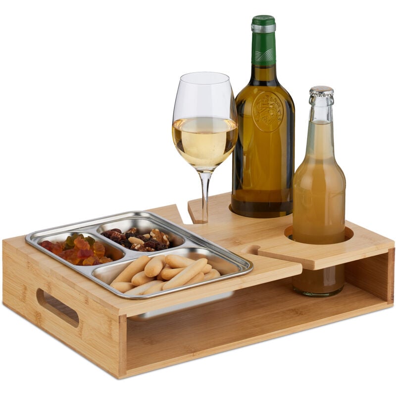 Couchbar, Bambus, Edelstahlschale für Snacks, Getränke- & Weinglashalter, Griffe, Couchorganizer, natur/silber - Relaxdays
