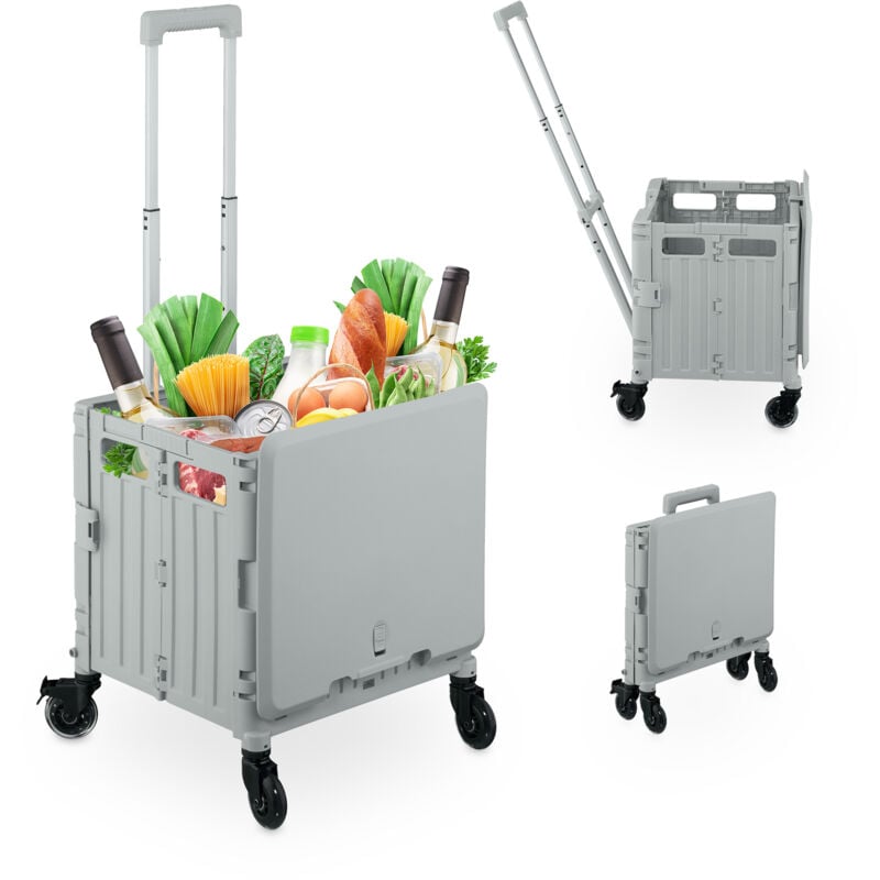 Einkaufstrolley, klappbar, Einkaufskorb mit Lenkrollen, Deckel & Teleskopgriff, bis 35 kg, Rollkiste, grau - Relaxdays