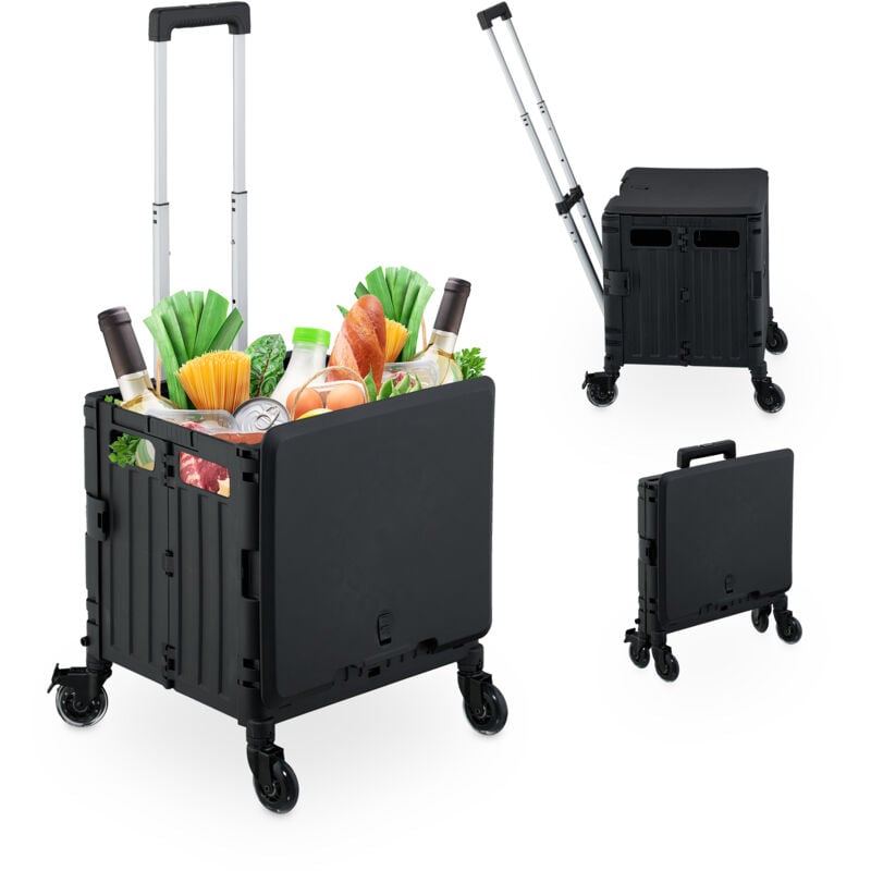 Einkaufstrolley, klappbar, Einkaufskorb mit Lenkrollen, Deckel & Teleskopgriff, bis 35 kg, Rollkiste, schwarz - Relaxdays