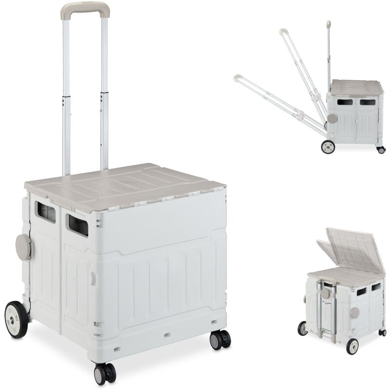 Einkaufstrolley, klappbar, Einkaufskorb mit Rollen, Deckel & neigbarem Teleskopgriff, bis 50 kg, grau/weiß - Relaxdays