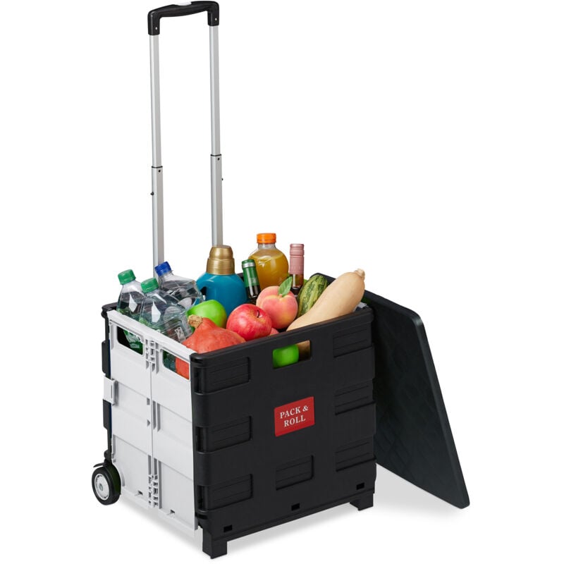 Relaxdays Einkaufstrolley, klappbar, Einkaufskorb mit Rollen, Deckel & Teleskopgriff, bis 35 kg, Rollkiste, schwarz/weiß