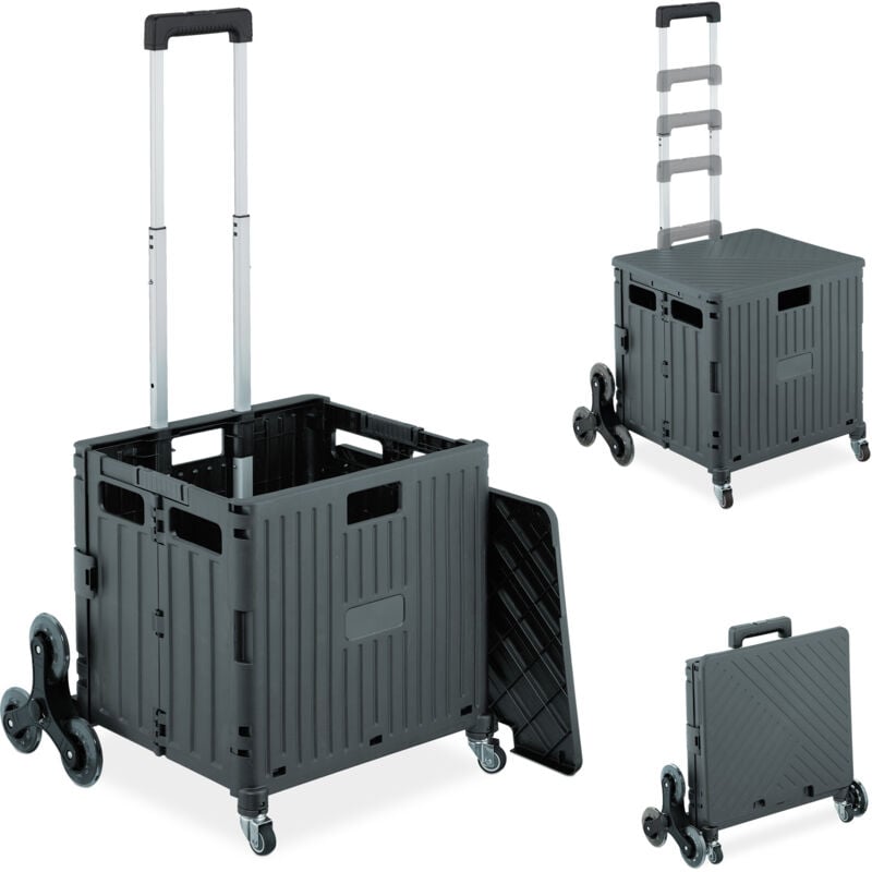 Einkaufstrolley Treppensteiger, klappbar, Einkaufskorb mit Rollen, Deckel, Teleskopgriff, bis 35kg, dunkelgrau - Relaxdays
