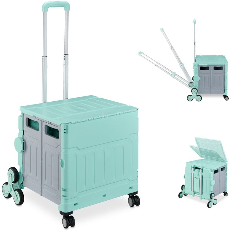 Einkaufstrolley Treppensteiger, klappbar, Einkaufskorb mit Rollen, Deckel, Teleskopgriff neigbar, türkis/grau - Relaxdays