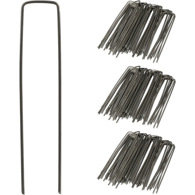 Relaxdays - Erdanker Bodenanker 150er Set, 15cm lang, ø 2mm, Zeltheringe U-Form, Stahl unverzinkt, Unkrautvlies, anthrazit