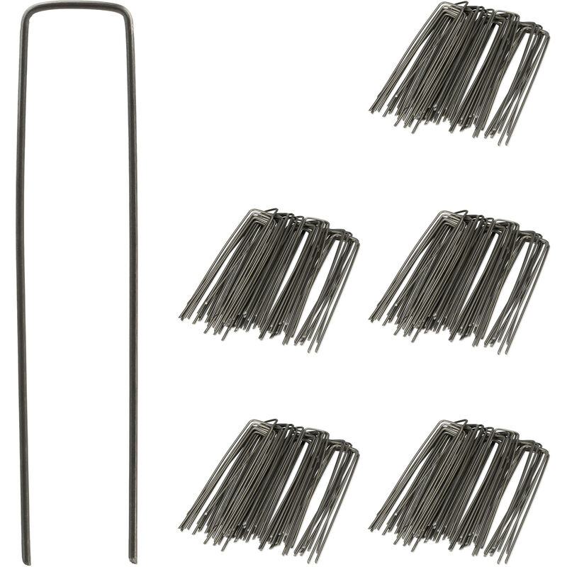 Relaxdays Erdanker Bodenanker 250er Set, 15cm lang, Ø 2mm, Zeltheringe U-Form, Stahl unverzinkt, Unkrautvlies, anthrazit