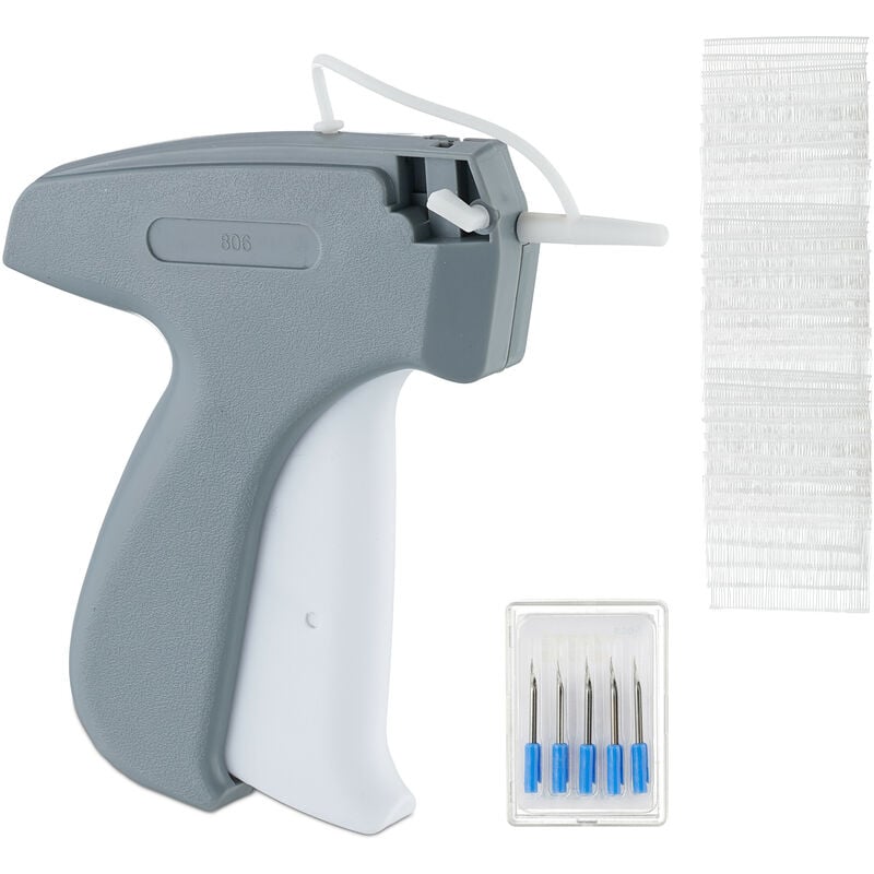 Relaxdays - Etikettierpistole Kleidung, Heftpistole inklusive 5 Ersatznadeln & 5000 Heftfäden, Etikettiergerät, grau/weiß