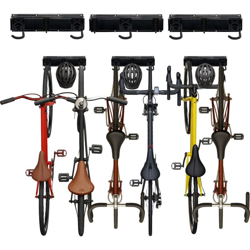 Fahrrad Wandhalterung, 6 Fahrräder & Helme, hochkant, Schienen mit verstellbaren Haken, Fahrradhalter, schwarz - Relaxdays