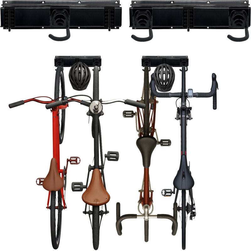 Relaxdays Fahrrad Wandhalterung, 4 Fahrräder & Helme, hochkant, Schienen mit verstellbaren Haken, Fahrradhalter, schwarz