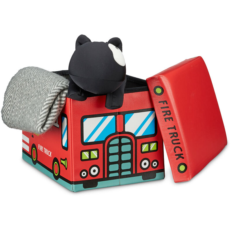 Relaxdays - Spielzeugkiste Feuerwehr, HxBxT:32x48x32cm, Sitzhocker, Kunstleder, 37l, abnehmbarer Deckel, Firetruck