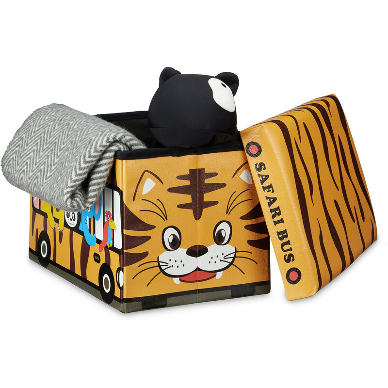 Relaxdays Spielzeugkiste Tiger, HxBxT:32x48x32cm, stabiler Sitzhocker, Kunstleder, 37l, abnehmbarer Deckel, Safari Bus