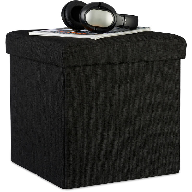 Faltbarer Sitzhocker, Sitzcube als Fußablage, Sitzwürfel aus Leinen, Deckel zum Abnehmen, 38x38x38 cm, schwarz - Relaxdays