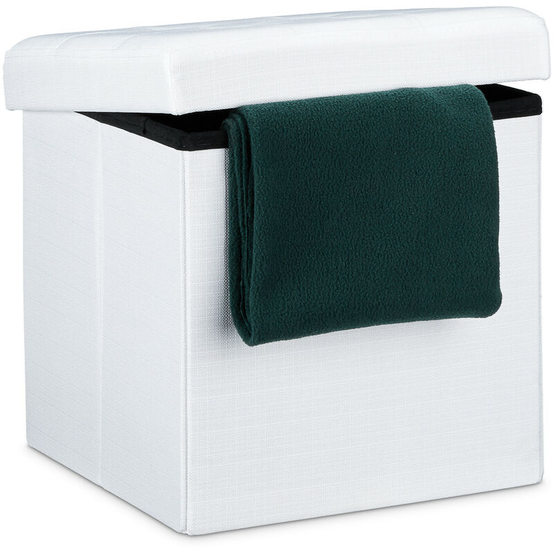 Faltbarer Sitzhocker, Sitzcube als Fußablage, Sitzwürfel aus Leinen, Deckel zum Abnehmen, 38x38x38 cm, weiß - Relaxdays