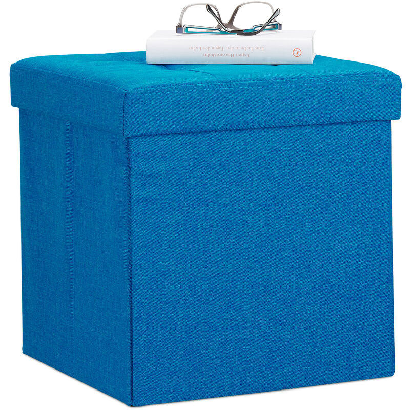 Relaxdays Faltbarer Sitzhocker, Sitzcube als Fußablage, Sitzwürfel aus Leinen, Deckel zum Abnehmen, 38x38x38 cm, blau