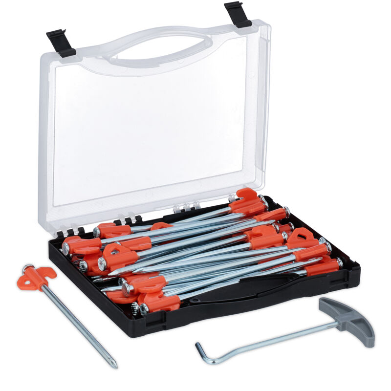Relaxdays - Felsbodenhering, 30er Set, für harte Böden, 20,5 cm, mit Box & Heringzieher, Stahl, Zeltheringe, silber/orange