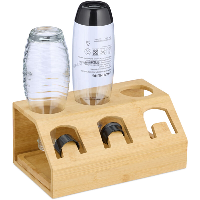Relaxdays - Flaschenhalter kompatibel mit Sodastream-Flaschen, Bambus, mit Abtropfschale, 3er Flaschenständer, natur