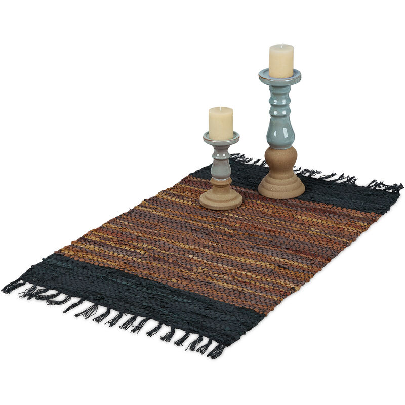 Relaxdays - Flickenteppich, 60 x 110 cm, Baumwolle & Leder, Teppichläufer mit Fransen, rutschfest, Fleckerlteppich, braun