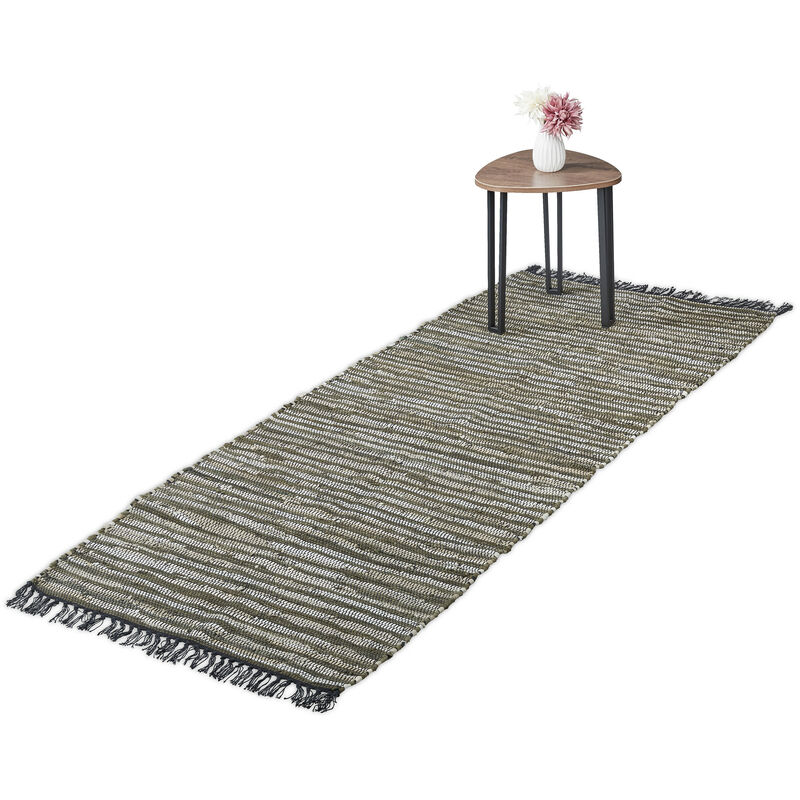 Relaxdays - Flickenteppich, 80x200 cm, Baumwolle & Leder, Teppichläufer, Fransen, rutschfest, Fleckerlteppich, grün/beige
