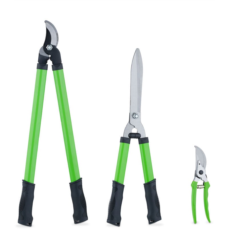 Gartenscheren Set, für Frischholz, Rosenschere, Astschere & Heckenschere, pflanzenschonende Stahlklinge, grün - Relaxdays