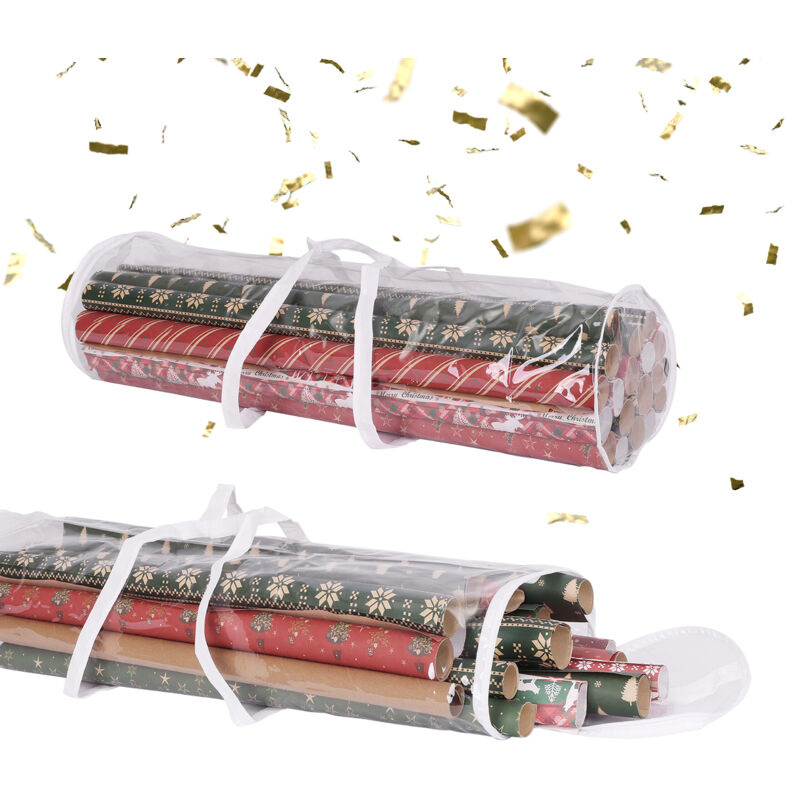 Relaxdays Geschenkpapier Aufbewahrung, 2er Set, Reißverschluss, Griffe, HxD: 79x22 cm, Geschenkpapiertasche, transparent