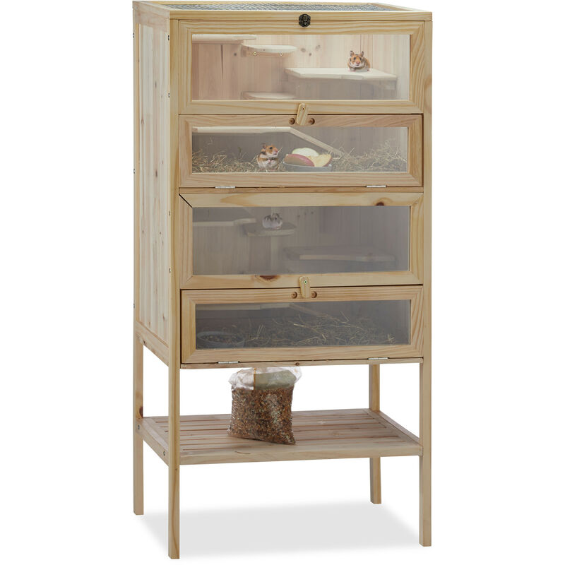 Relaxdays - Hamsterkäfig aus Holz, 3 Etagen, Klappen, Sichtfenster, Gitterdach, Nagerkäfig xxl, hbt: 120x60x40 cm, natur