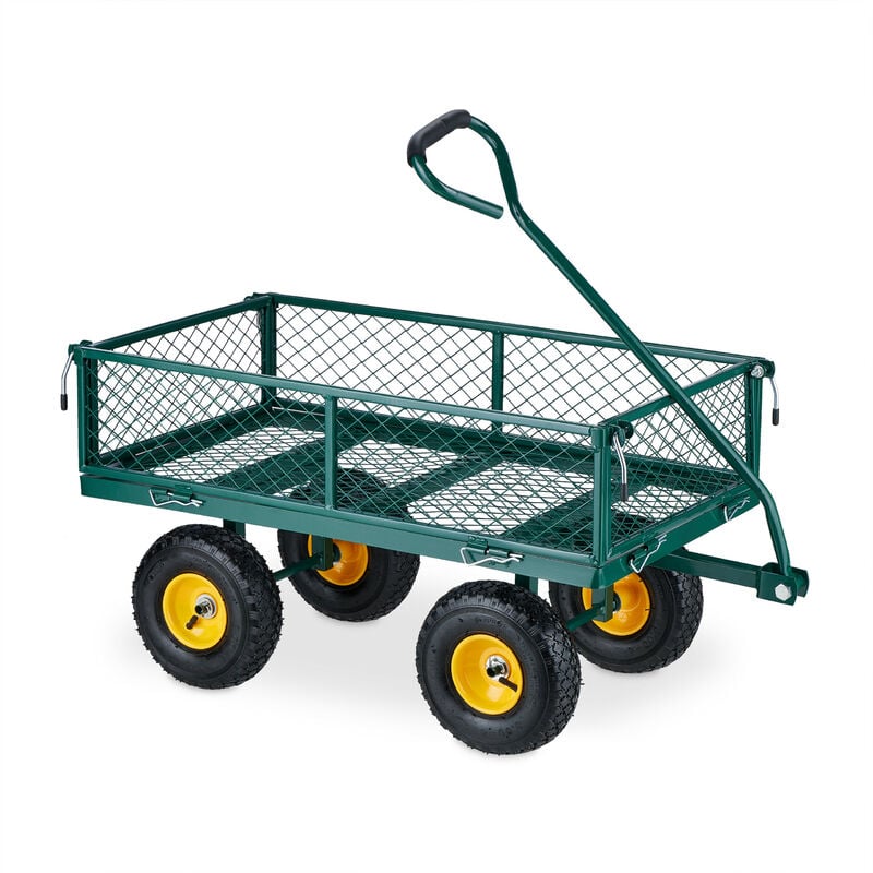 Handwagen, praktischer Bollerwagen für den Garten, Luftbereifung, klappbare Seitenteile, bis 200 kg, grün-gelb - Relaxdays