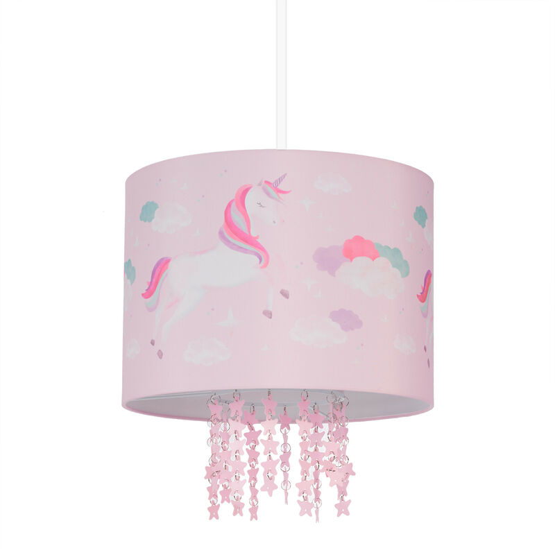 Hängelampe Kinderzimmer, Lampenschirm mit Einhorn-Motiv, HxD: 158 x 35 cm, E27, Pendelleuchte für Kinder, rosa - Relaxdays