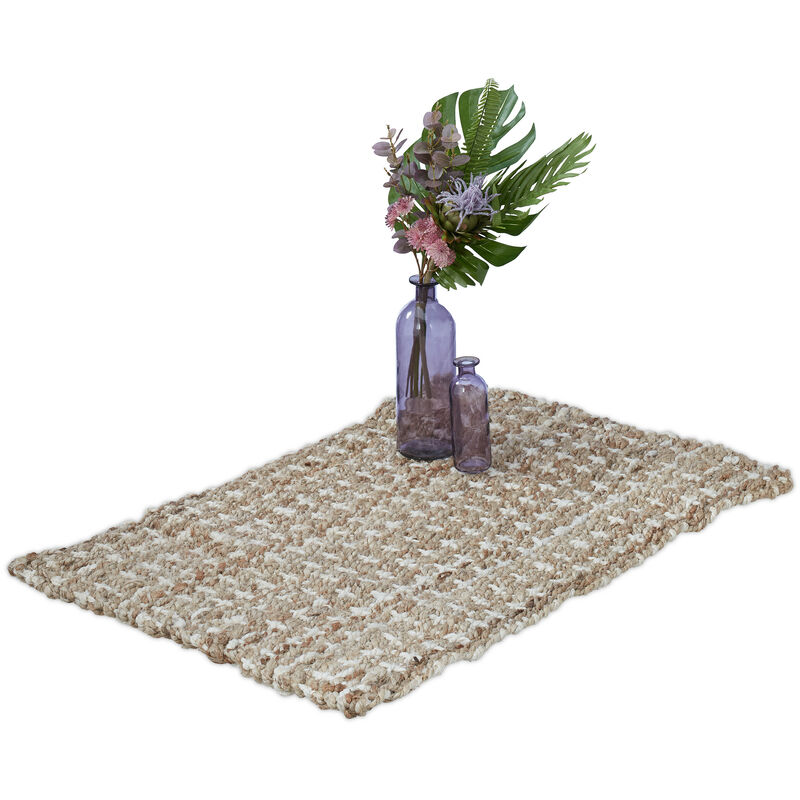 Relaxdays - Jute Teppich, 60 x 90 cm, handgewebter Teppichläufer, Naturfasern, Läufer Flur, Wohnzimmer, Küche, beige/creme