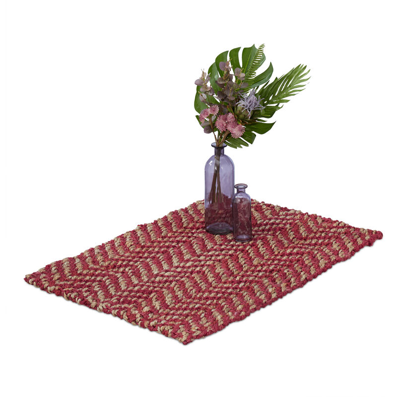 Relaxdays - Jute Teppich, 60 x 90 cm, handgewebter Teppichläufer, Naturfasern, Läufer Flur, Wohnzimmer, Küche, rot/beige