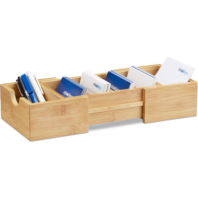 Karteikasten DIN-A8 Bambus, Visitenkarten Organizer, zum Ausziehen, h x b x t: ca. 5,5 x 13 x 30 cm, natur - Relaxdays