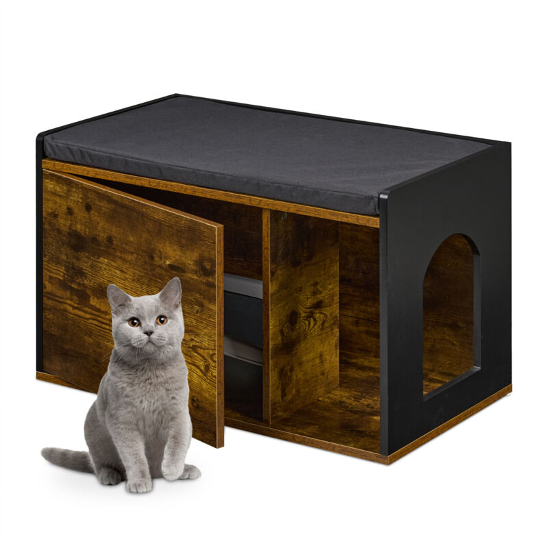 Katzenkloschrank mit Sitzauflage, Katzenhaus & Sitzbank, hbt: 45,5 x 75 x 43 cm, für Katzenklo, braun/schwarz - Relaxdays
