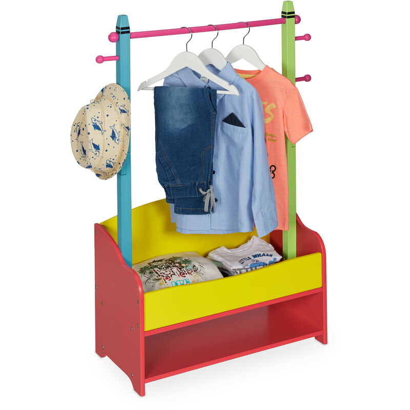 Relaxdays - Kinder Kleiderständer, Kleiderstange Kinderzimmer, 4 Haken, 2 Ablagen, hbt: 100,5x71x30 cm, Garderobe, bunt