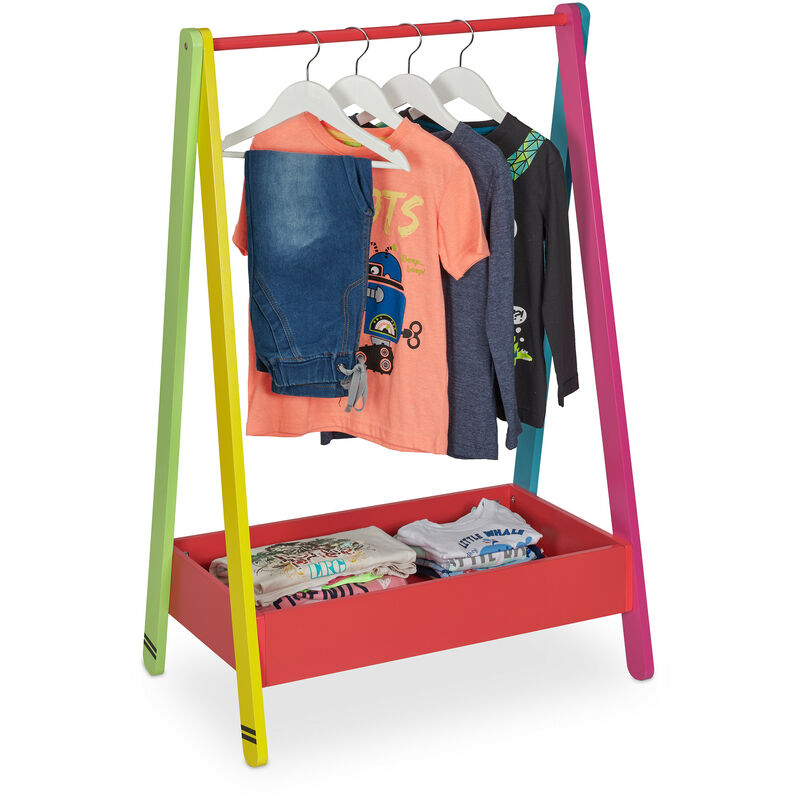 Relaxdays Kinder Kleiderständer, Kleiderstange für Kinderzimmer, mit Ablage, HBT: 99x64,5x42 cm, Kindergarderobe, bunt