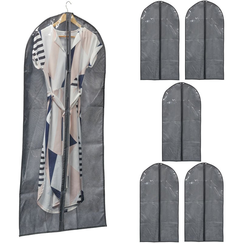Kleidersack 6er Set, mit Reißverschluss, 135 x 60 cm, Vlies, Schutzhülle Anzug, Kleid, Hemd, grau/transparent - Relaxdays