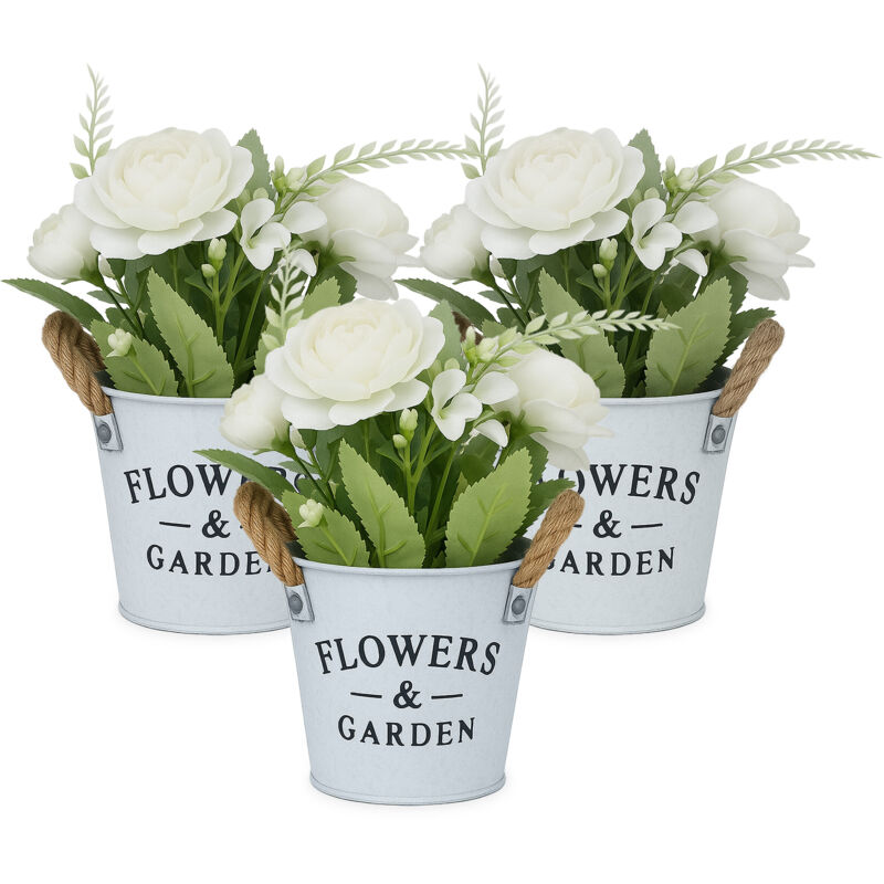 Relaxdays - Kunstblumen im Topf, 3er Set künstliche Pflanzen, Dekoblumen, lebensechte Plastikblumen, HxD: 21 x 18 cm, weiß