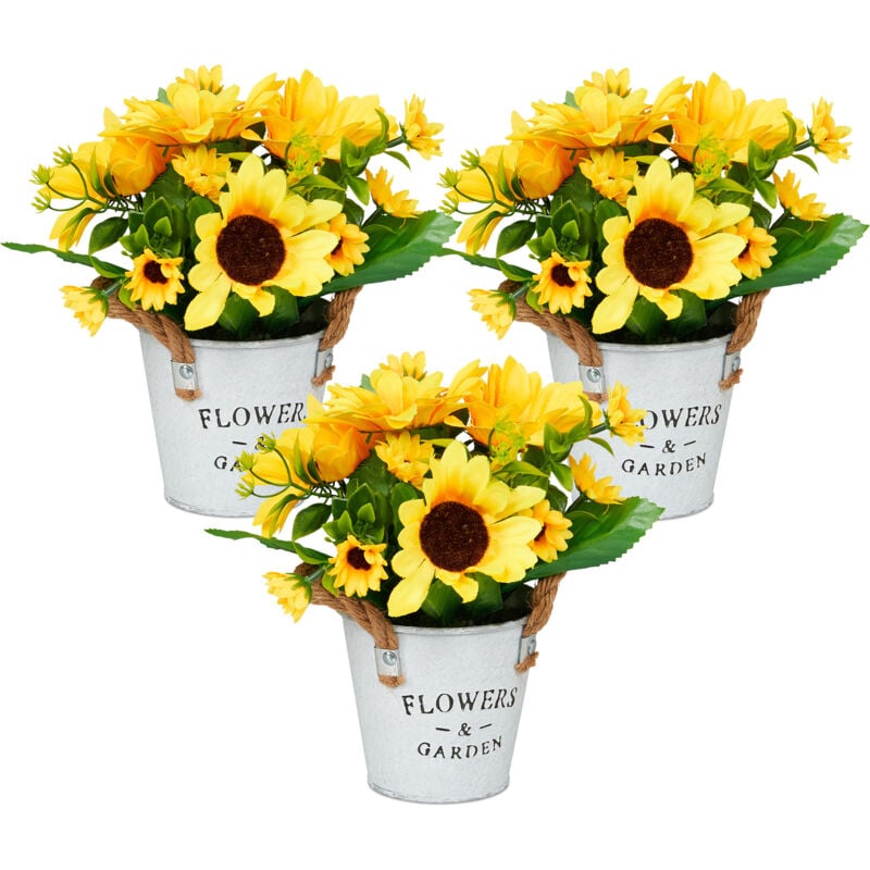 Relaxdays - künstliche Sonnenblumen im Topf, 3er Set Kunstblumen wie echt, Kunstpflanzen, unechte Dekopflanzen, gelb/weiß