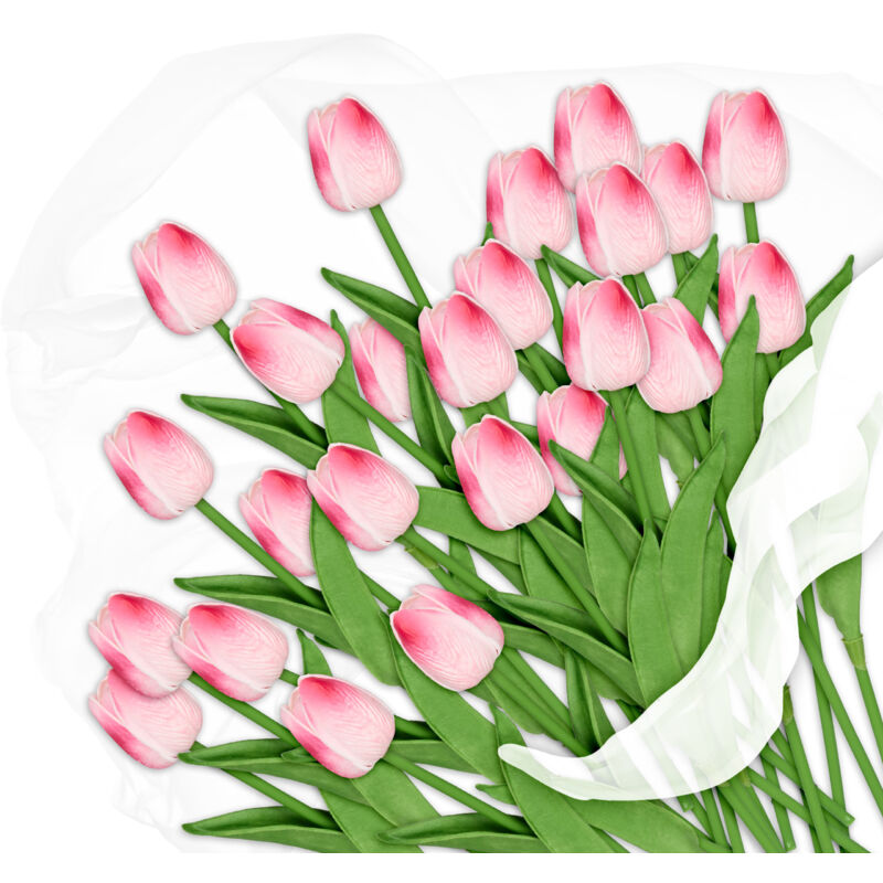 Relaxdays - künstliche Tulpen, 24 Kunstblumen wie echt, dekorative Kunsttulpen aus Kunststoff, ca. 33,5 cm lang rosa/grün