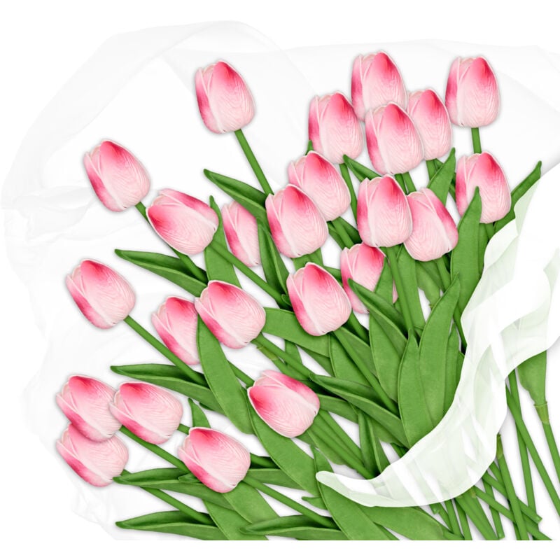 48 x künstliche Tulpen, Kunstblumen wie echt, dekorative Kunsttulpen aus Kunststoff, ca. 33,5 cm lang rosa/grün, Pink