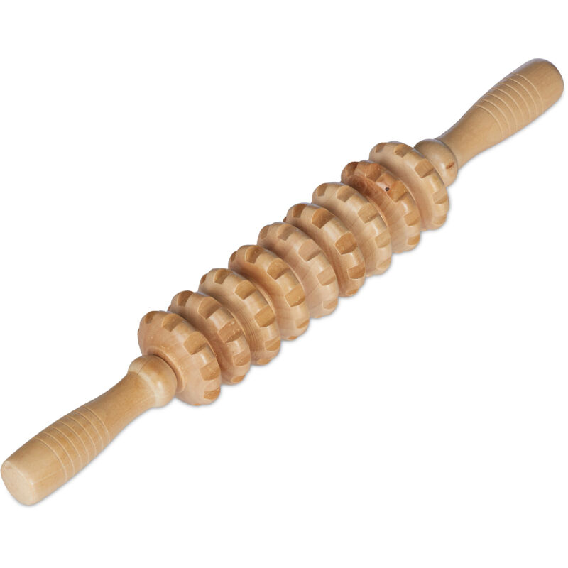 2 x Massage Roller Holz, Massagestab mit 2 Griffen, manuelles Massagegerät für Rücken, Nacken, Arme & Beine, natur