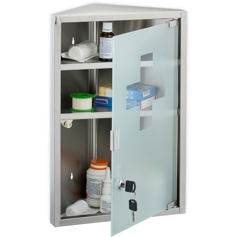 Medizinschrank, 3 Fächer, HxBxT: 45x30x17,5 cm, abschließbar, Edelstahl, Glastür, Eck Apothekenschrank, silber - Relaxdays