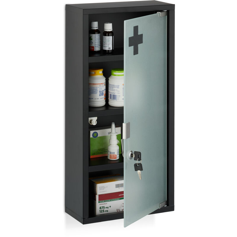 Relaxdays Medizinschrank, 4 Fächer, HxBxT: 57 x 27 x 12 cm, abschließbarer Medikamentenschrank, Stahl, Glastür, schwarz