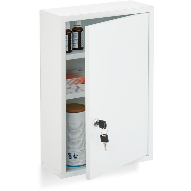 Relaxdays Medizinschrank, abschließbarer Apothekerschrank, HBT: 45 x 30 x 12 cm, 3 Fächer, zum Aufhängen, Stahl, weiß