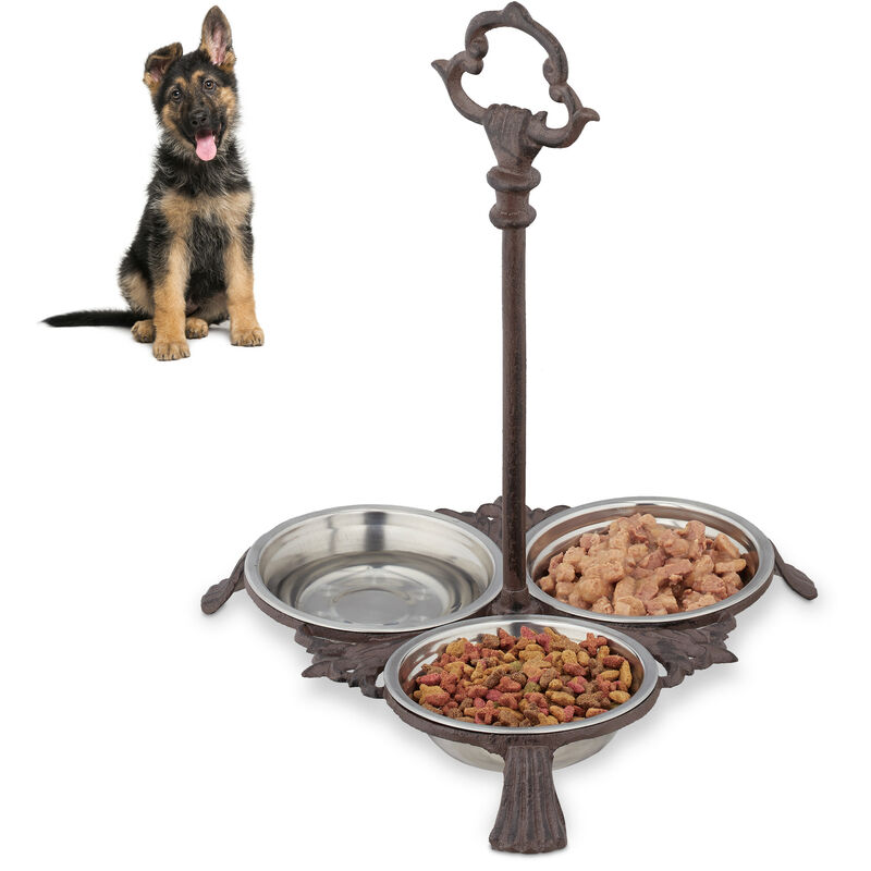 Relaxdays Napf Gusseisen, Napfstation für Hunde & Katzen, 3 Edelstahlnäpfe je 200ml, antik, Griff, outdoor, dunkelbraun
