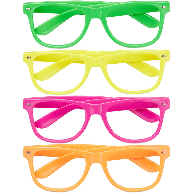 Partybrille 4er Set, lustige Brillen für Fasching & Karneval, Neon Brillen, One Size, hbt 4,5x14,5x15 cm, bunt - Relaxdays