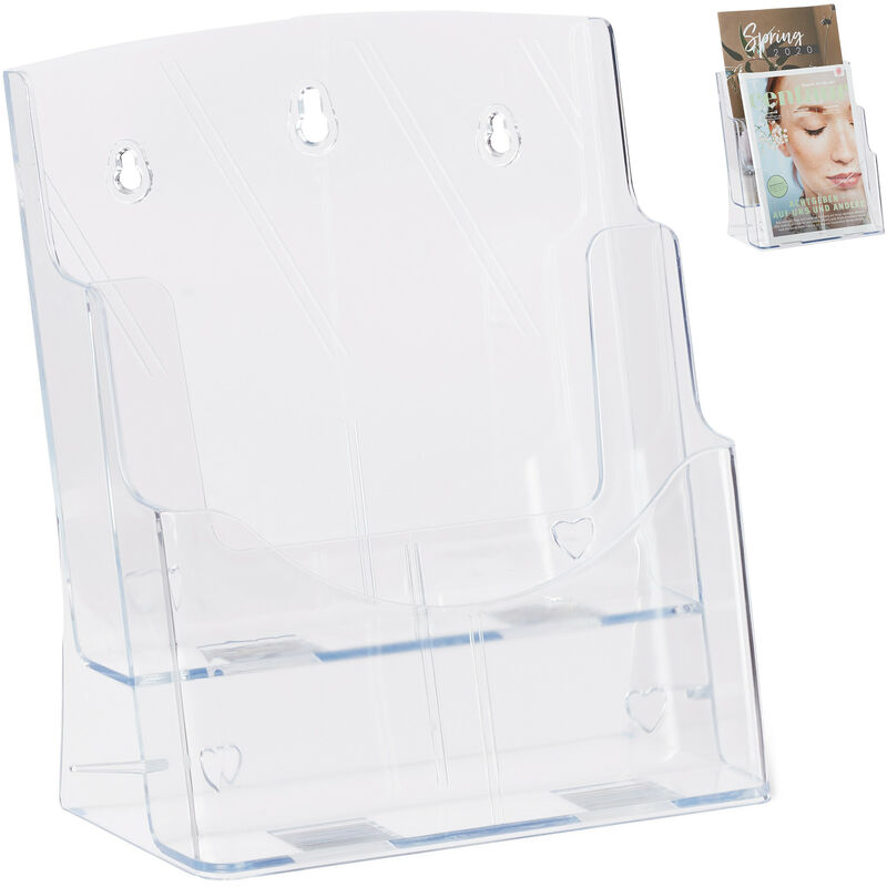 Prospekthalter A4 / din Lang, 2 Etagen, Acryl, Flyer Aufsteller Tisch & Wand, hbt: 27,5x24x15cm, transparent - Relaxdays
