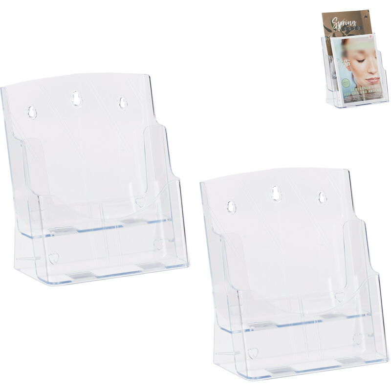 2 x Prospekthalter A4 / DIN Lang, 2 Etagen, Acryl, Flyer Aufsteller Tisch & Wand, HBT: 27,5x24x15cm, transparent