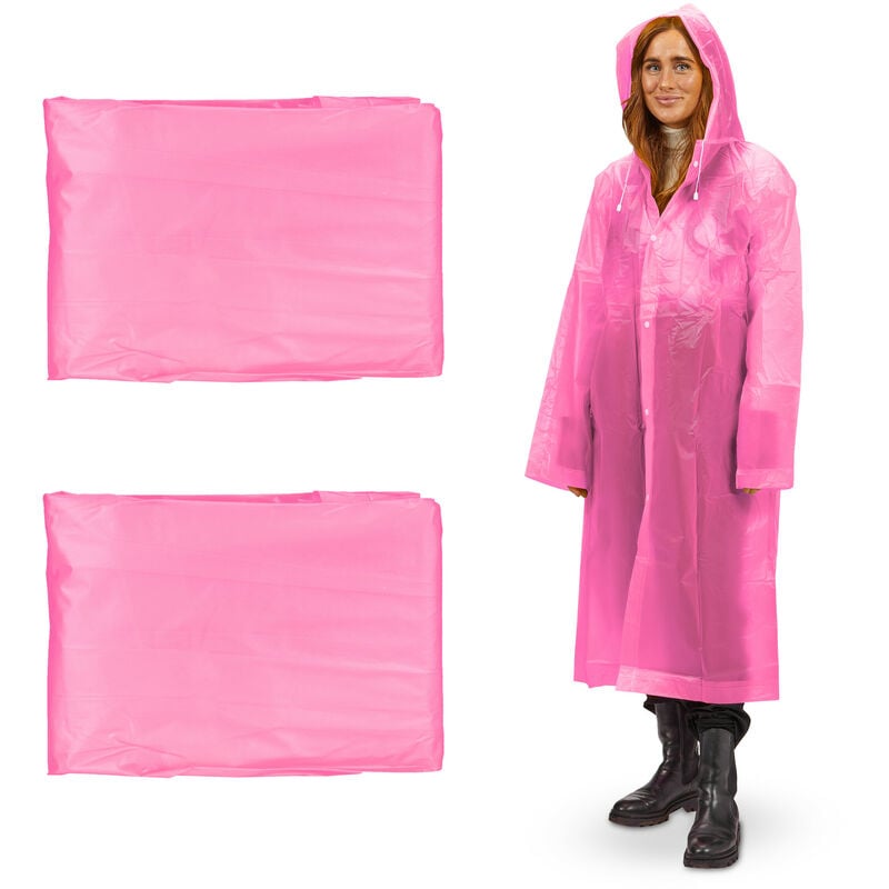 Regenmantel 2er Set, mit Kapuze, Regenponcho wiederverwendbar, Damen & Herren, wasserdicht, lang, leicht, pink - Relaxdays