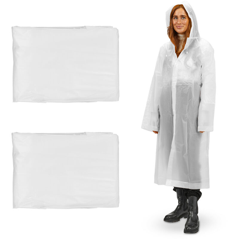 Regenmantel 2er Set, mit Kapuze, Regenponcho wiederverwendbar, Damen & Herren, wasserdicht, lang, leicht, weiß - Relaxdays