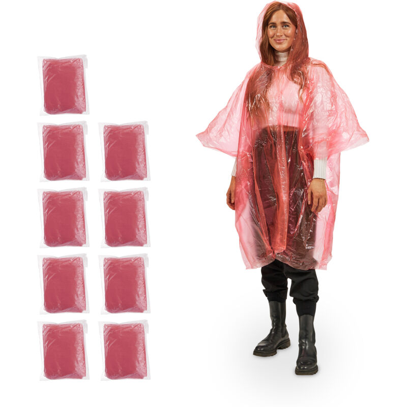 30x Regenponcho Einweg, Einmal Regencape mit Kapuze, Erwachsene, Notfallponcho Damen & Herren, Regenumhang, unisex, rot